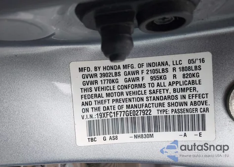 2016 Honda Civic Ex-L from USA, damaged, VIN 19XFC1F77GE027922